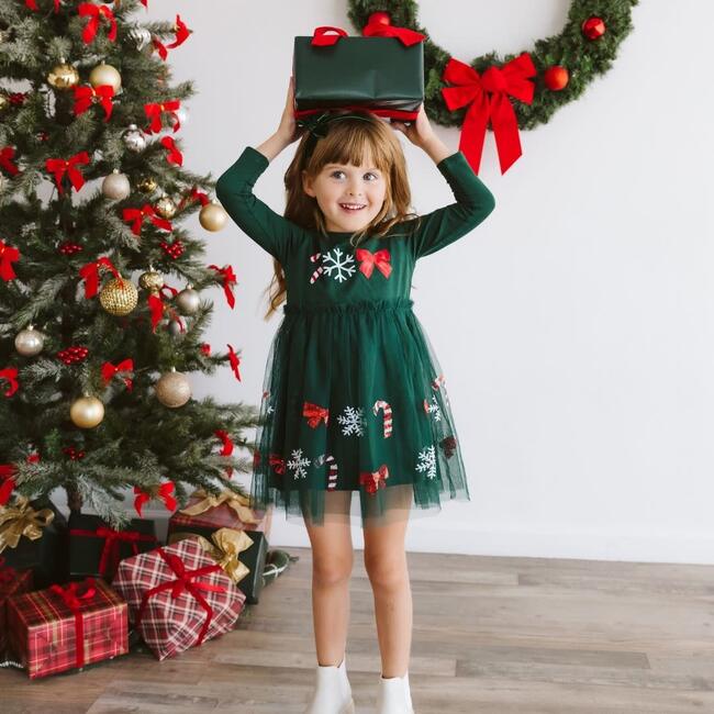Emerald Candy Cane Sequin Christmas Long Sleeve Tutu Dress, Emerald Green - Dresses - 2