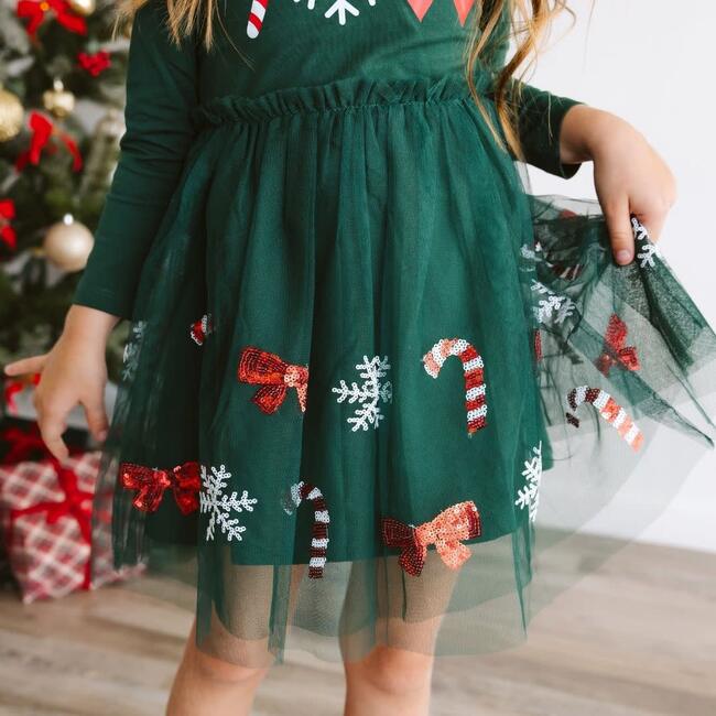 Emerald Candy Cane Sequin Christmas Long Sleeve Tutu Dress, Emerald Green - Dresses - 4