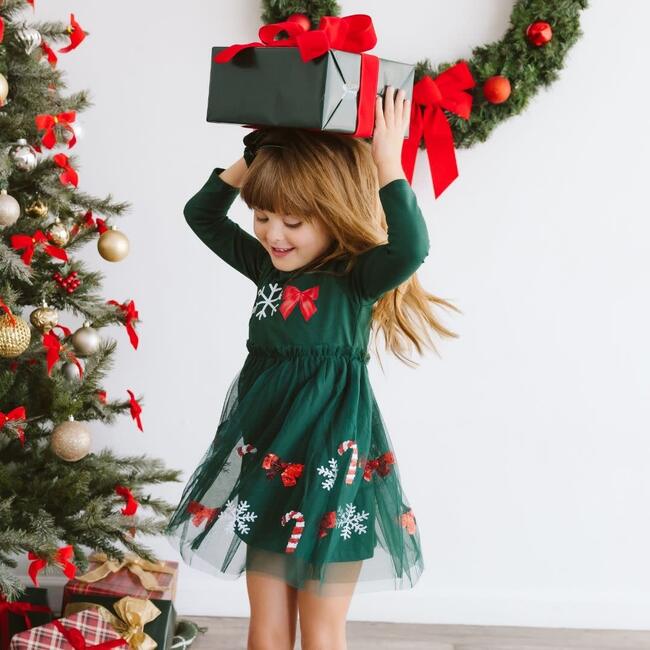 Emerald Candy Cane Sequin Christmas Long Sleeve Tutu Dress, Emerald Green - Dresses - 5