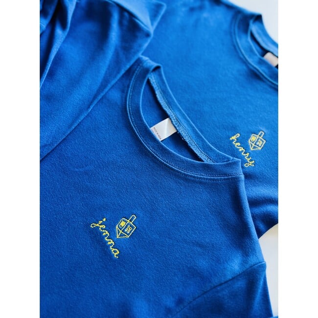 Little Kid Hanukkah Dreidel Embroidery Pajama Set, Blue
