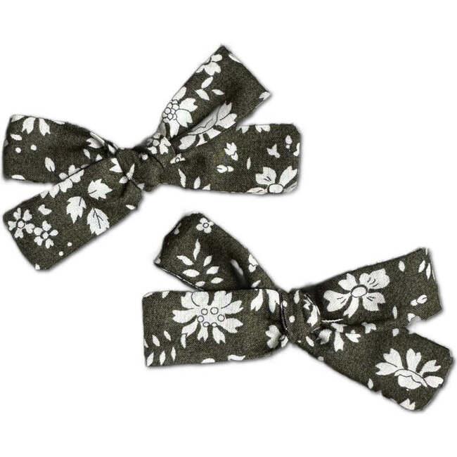 LuluLuvs Skinny Ribbon Pigtail Bows, Liberty of London Olive Floral (Organic)