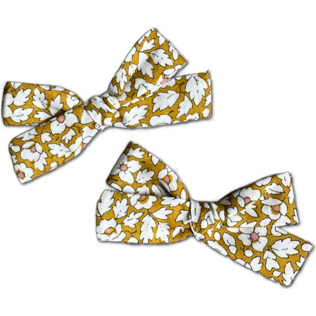 LuluLuvs Skinny Ribbon Pigtail Bows, Liberty of London Mustard Floral