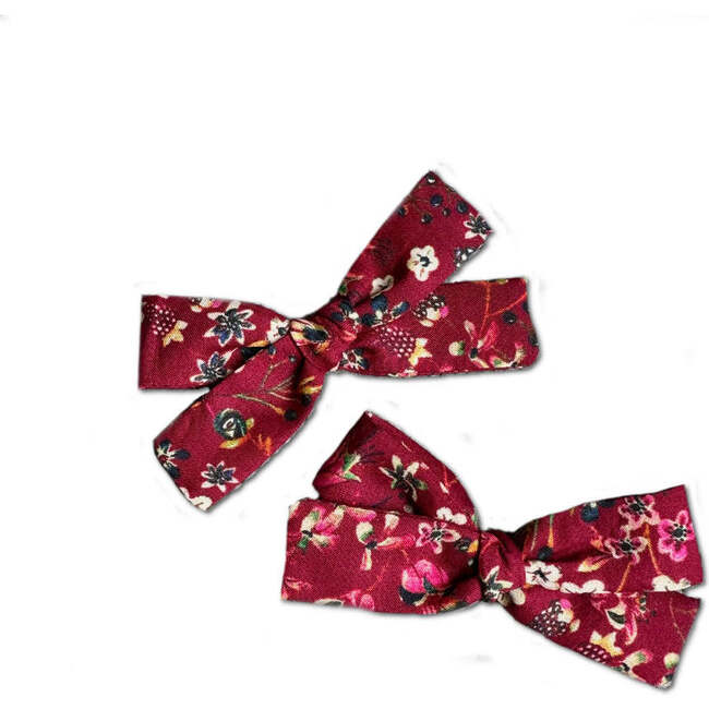 LuluLuvs Skinny Ribbon Pigtail Bows, Liberty of London Burgundy Floral
