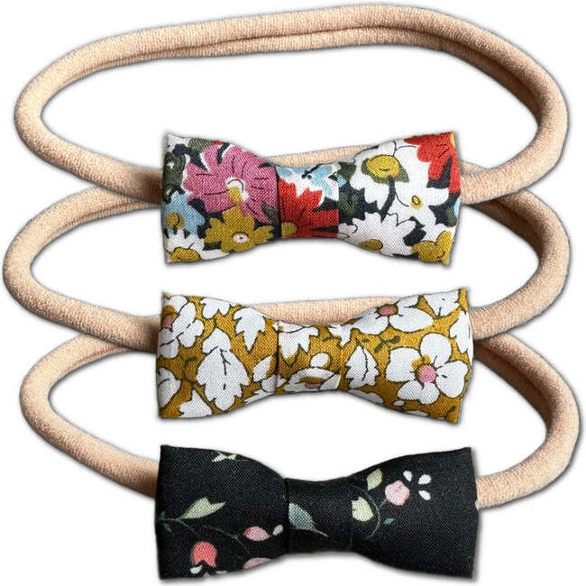LuluLuvs Itty Bitty Bow Baby Headbands, Pink/Mustard/Black Florals Bundle Set