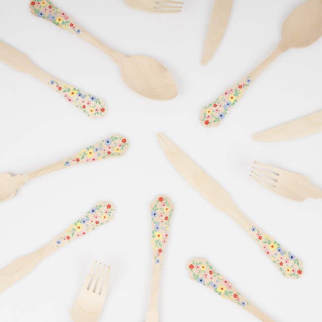 Elegant Floral Wooden Cutlery Set - Party - 3