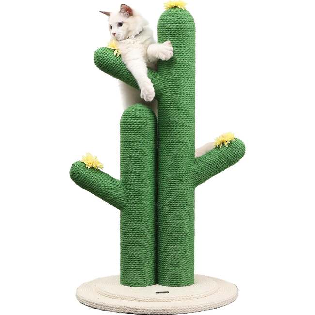 Socorro 34.25" Jute Double Cactus Cat Scratching Post with Flower Toys, Green/White