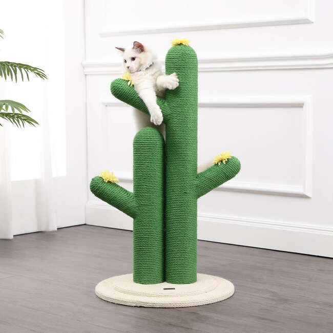 Socorro 34.25" Jute Double Cactus Cat Scratching Post with Flower Toys, Green/White - Pet Accessories - 2