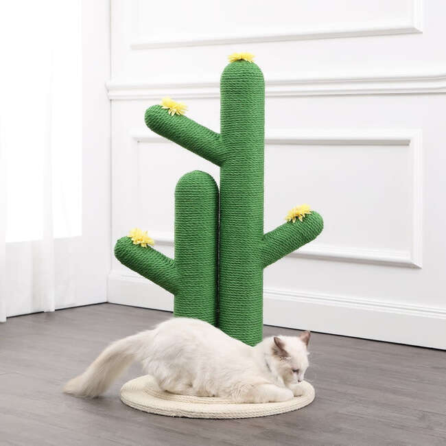 Socorro 34.25" Jute Double Cactus Cat Scratching Post with Flower Toys, Green/White - Pet Accessories - 3