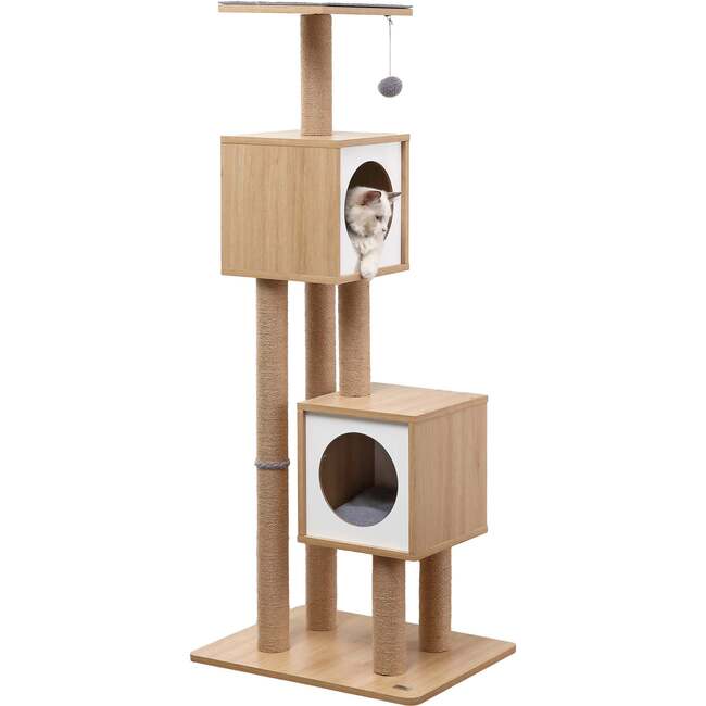 Sawyer 56" 3 Tier Minimalist Jute Cat Tree Condo with Scratching posts, and Fuzzy Toy, Brown/White