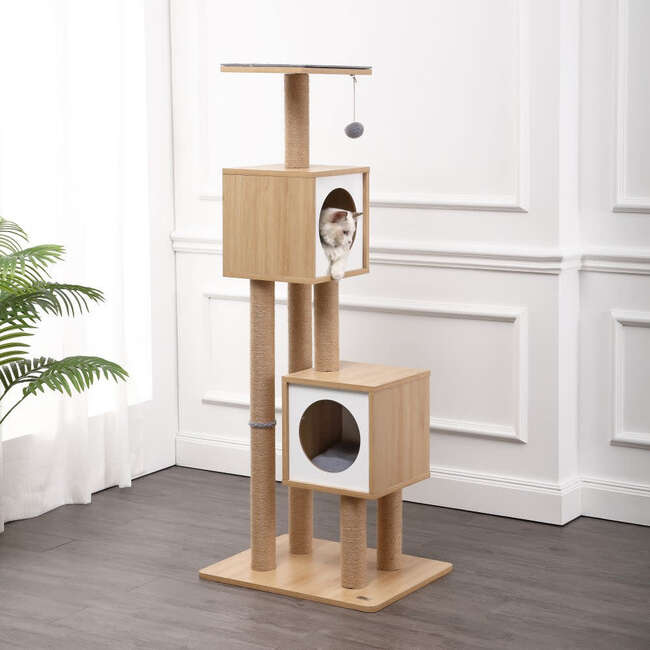 Sawyer 56" 3 Tier Minimalist Jute Cat Tree Condo with Scratching posts, and Fuzzy Toy, Brown/White - Pet Accessories - 2