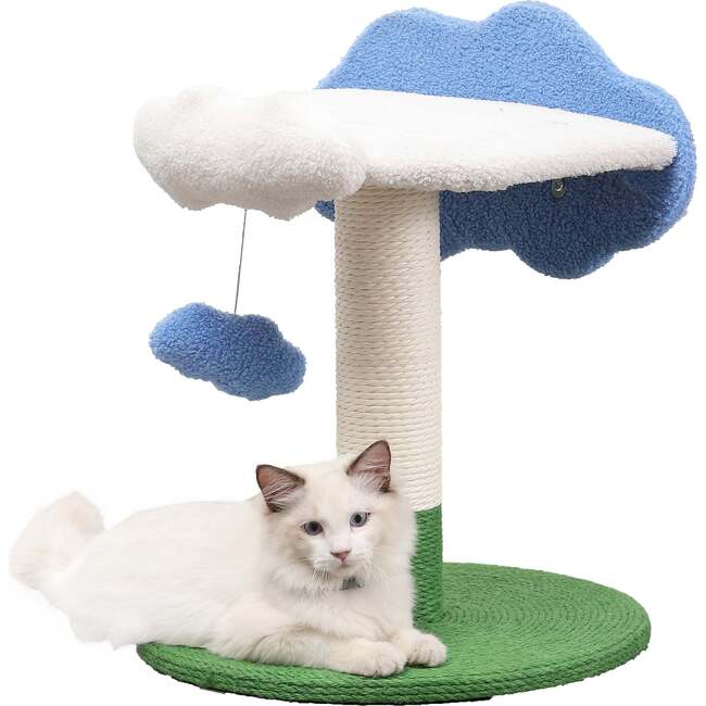 Sami 21.5" Jute Cloud Cat Tree with Scratching Post, and Fuzzy Toy, White/Blue/Green