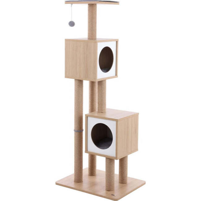Sawyer 56" 3 Tier Minimalist Jute Cat Tree Condo with Scratching posts, and Fuzzy Toy, Brown/White - Pet Accessories - 4