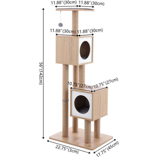 Sawyer 56" 3 Tier Minimalist Jute Cat Tree Condo with Scratching posts, and Fuzzy Toy, Brown/White - Pet Accessories - 5
