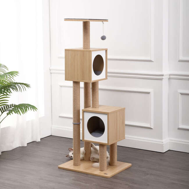 Sawyer 56" 3 Tier Minimalist Jute Cat Tree Condo with Scratching posts, and Fuzzy Toy, Brown/White - Pet Accessories - 6