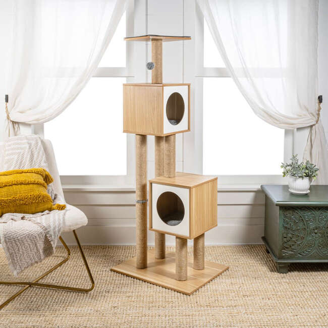 Sawyer 56" 3 Tier Minimalist Jute Cat Tree Condo with Scratching posts, and Fuzzy Toy, Brown/White - Pet Accessories - 7