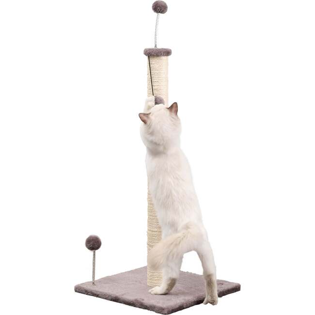 Rylie 38" Farmhouse Sisal Pillar Cat Scratching Post with Fuzzy Toys and Spring Balls, Grey/Cream