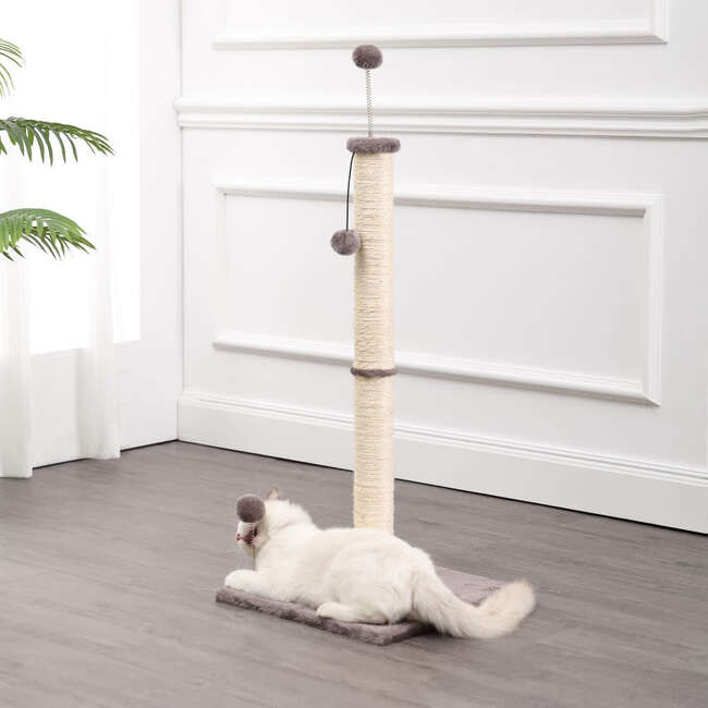 Rylie 38" Farmhouse Sisal Pillar Cat Scratching Post with Fuzzy Toys and Spring Balls, Grey/Cream - Pet Accessories - 2