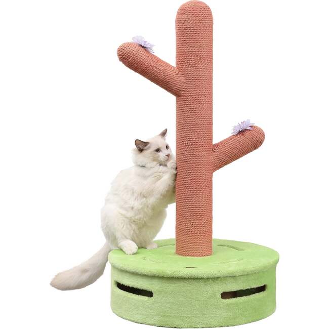 Rosa 36" Jute Cactus Cat Scratching Post with Flower Toys and Built In Bell Toys, Pink/Green