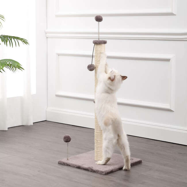 Rylie 38" Farmhouse Sisal Pillar Cat Scratching Post with Fuzzy Toys and Spring Balls, Grey/Cream - Pet Accessories - 3