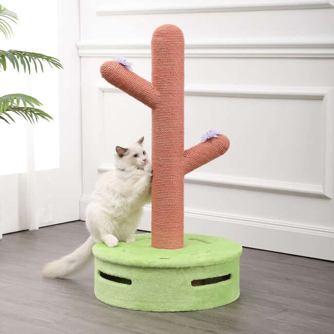 Rosa 36" Jute Cactus Cat Scratching Post with Flower Toys and Built In Bell Toys, Pink/Green - Pet Accessories - 2