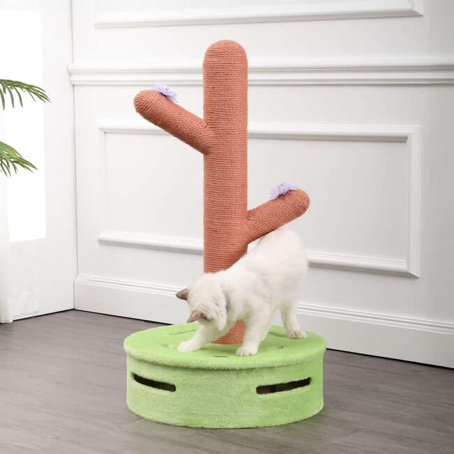 Rosa 36" Jute Cactus Cat Scratching Post with Flower Toys and Built In Bell Toys, Pink/Green - Pet Accessories - 3