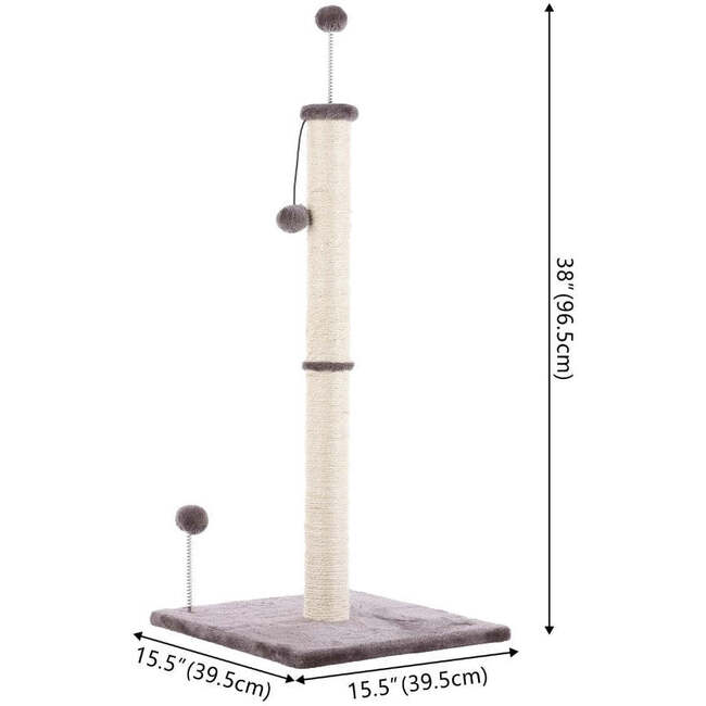 Rylie 38" Farmhouse Sisal Pillar Cat Scratching Post with Fuzzy Toys and Spring Balls, Grey/Cream - Pet Accessories - 5