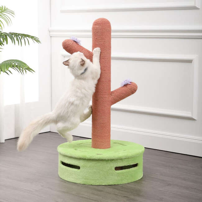 Rosa 36" Jute Cactus Cat Scratching Post with Flower Toys and Built In Bell Toys, Pink/Green - Pet Accessories - 6