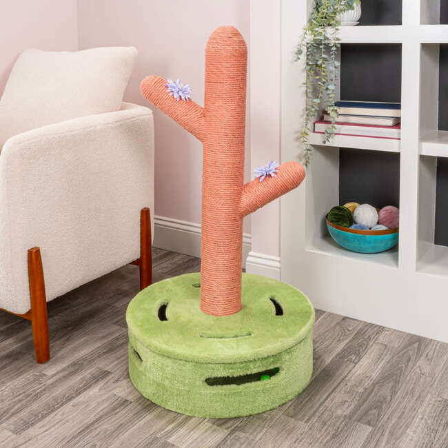 Rosa 36" Jute Cactus Cat Scratching Post with Flower Toys and Built In Bell Toys, Pink/Green - Pet Accessories - 7