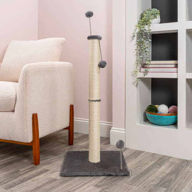 Rylie 38" Farmhouse Sisal Pillar Cat Scratching Post with Fuzzy Toys and Spring Balls, Grey/Cream - Pet Accessories - 7