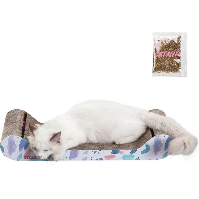 Rini 23.75" Cardboard Lounge Bed Cat Scratcher with Built In Bell Toys and Catnip, White/Multi