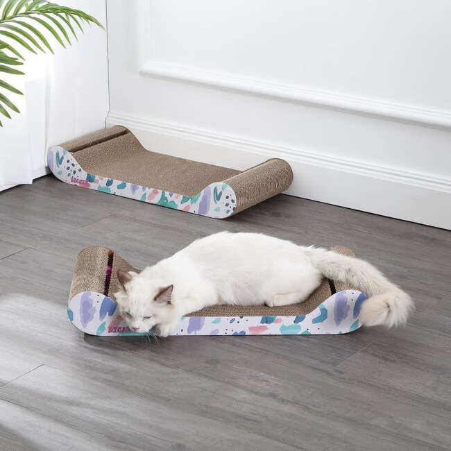 Rini 23.75" Cardboard Lounge Bed Cat Scratcher with Built In Bell Toys and Catnip, White/Multi (Set of 2) - Pet Accessories - 2