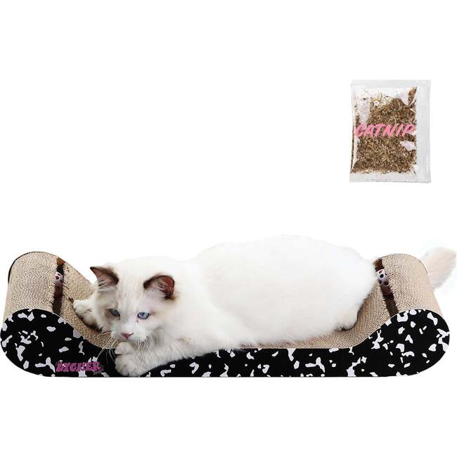 Rini 23.75" Cardboard Lounge Bed Cat Scratcher with Built In Bell Toys and Catnip, Black/White (Set of 2)