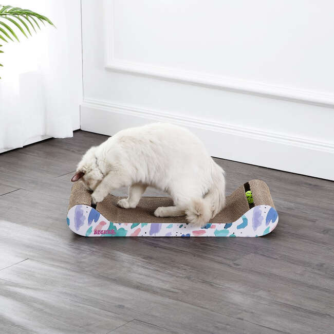 Rini 23.75" Cardboard Lounge Bed Cat Scratcher with Built In Bell Toys and Catnip, White/Multi - Pet Accessories - 3