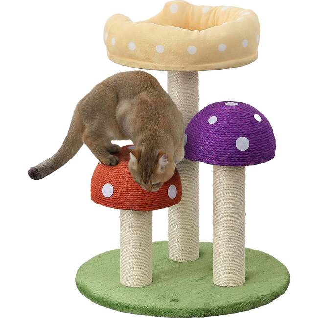 Pixie 22.5" 3 Tier Cottage Sisal Mushroom Cat Tree with Scratching Posts, Napping Perch, and Dangling Bell Toy, Multi