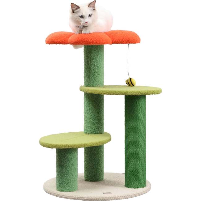 Poppy 29" 3 Tier Jute Flower Cat Tree with Dangling Toy, Orange/Green