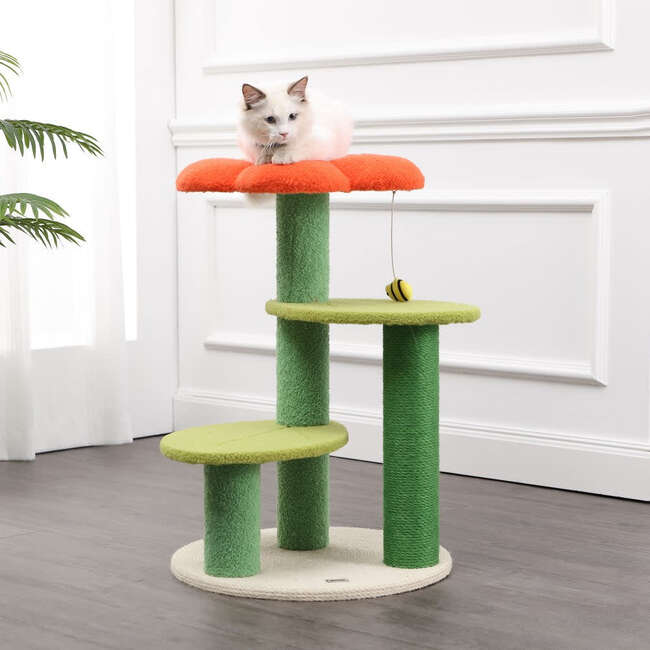 Poppy 29" 3 Tier Jute Flower Cat Tree with Dangling Toy, Orange/Green - Pet Accessories - 2