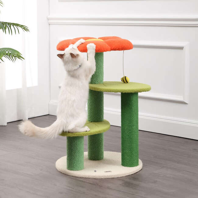 Poppy 29" 3 Tier Jute Flower Cat Tree with Dangling Toy, Orange/Green - Pet Accessories - 3