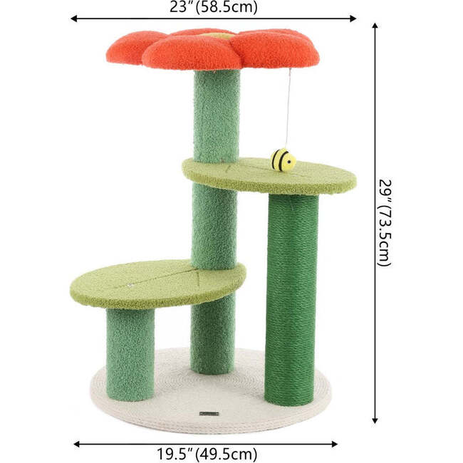 Poppy 29" 3 Tier Jute Flower Cat Tree with Dangling Toy, Orange/Green - Pet Accessories - 5