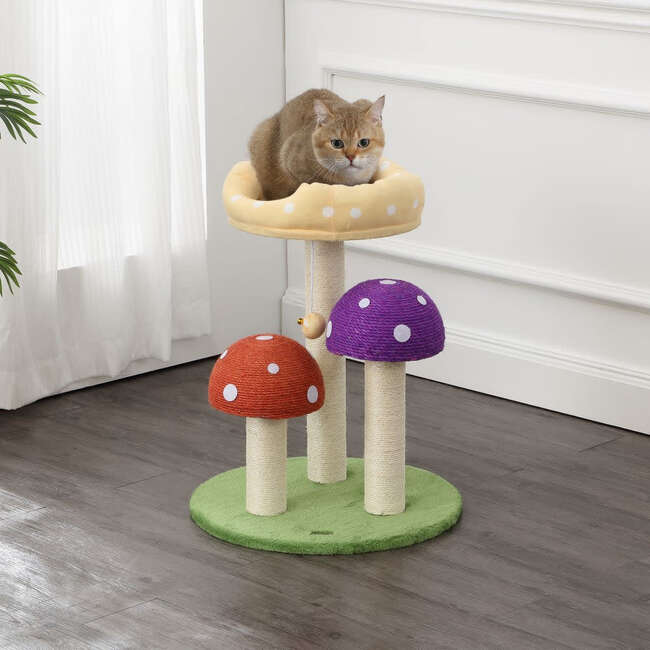 Pixie 22.5" 3 Tier Cottage Sisal Mushroom Cat Tree with Scratching Posts, Napping Perch, and Dangling Bell Toy, Multi - Pet Accessories - 6