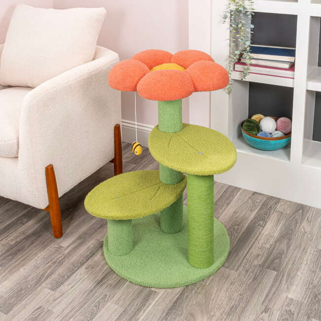 Poppy 29" 3 Tier Jute Flower Cat Tree with Dangling Toy, Orange/Green - Pet Accessories - 7