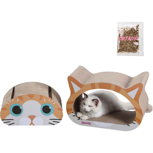 Opal 19" Cardboard Happy Cat Head 2-in-1 Cat Cave Scratcher with Built In Bell Toys and Catnip, Orange/Blue