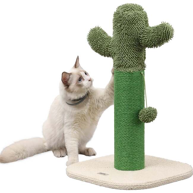 Pecos 21" Jute Cactus Cat Scratching Post with Fuzzy Toy, Green/White