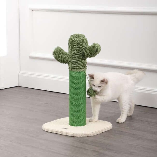 Pecos 21" Jute Cactus Cat Scratching Post with Fuzzy Toy, Green/White - Pet Accessories - 2