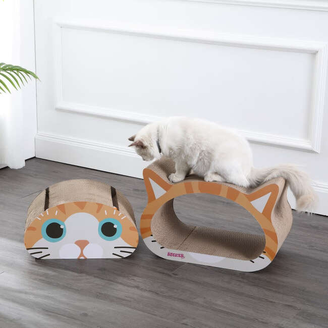 Opal 19" Cardboard Happy Cat Head 2-in-1 Cat Cave Scratcher with Built In Bell Toys and Catnip, Orange/Blue - Pet Accessories - 3