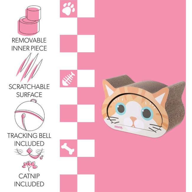 Opal 19" Cardboard Happy Cat Head 2-in-1 Cat Cave Scratcher with Built In Bell Toys and Catnip, Orange/Blue - Pet Accessories - 5