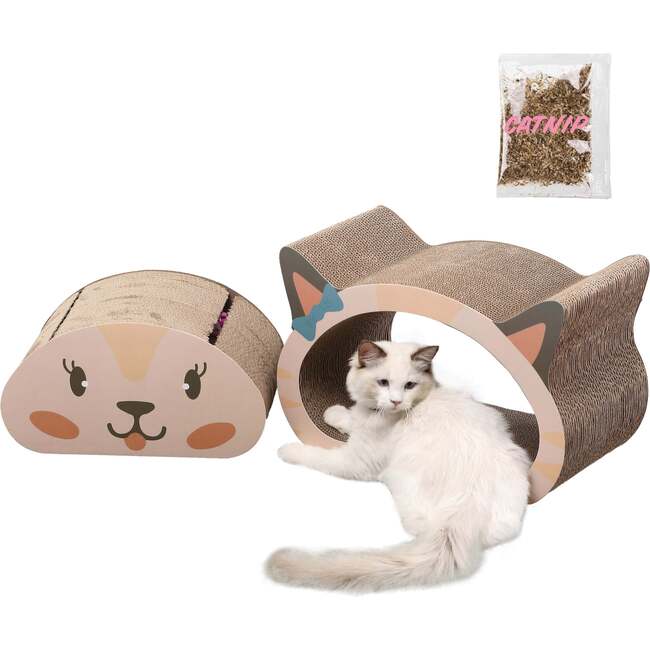 Opal 19" Cardboard Happy Cat Head 2-in-1 Cat Cave Scratcher with Built In Bell Toys and Catnip, Cream/Peach