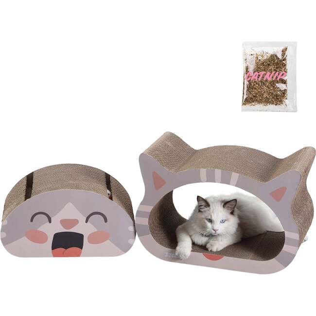 Opal 19" Cardboard Happy Cat Head 2-in-1 Cat Cave Scratcher with Built In Bell Toys and Catnip, Muted Pink/Cream