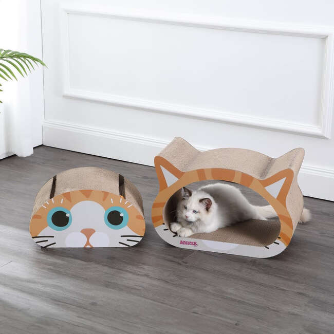 Opal 19" Cardboard Happy Cat Head 2-in-1 Cat Cave Scratcher with Built In Bell Toys and Catnip, Orange/Blue - Pet Accessories - 7