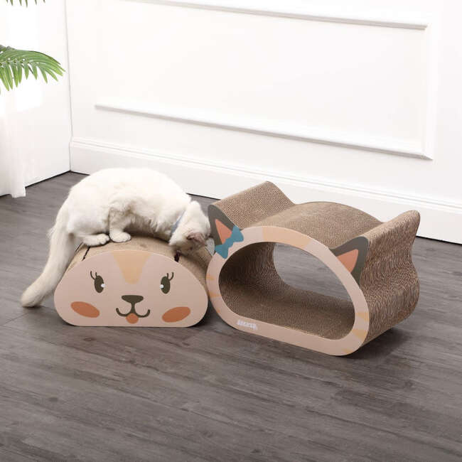 Opal 19" Cardboard Happy Cat Head 2-in-1 Cat Cave Scratcher with Built In Bell Toys and Catnip, Cream/Peach - Pet Accessories - 2