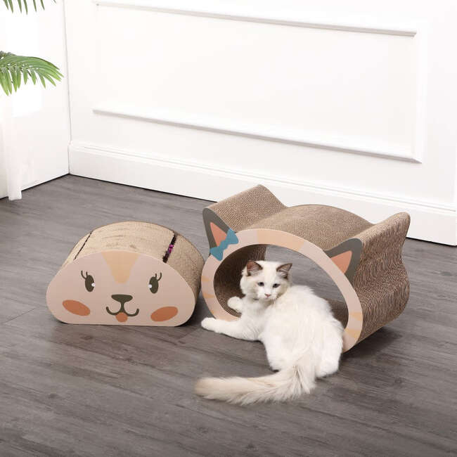 Opal 19" Cardboard Happy Cat Head 2-in-1 Cat Cave Scratcher with Built In Bell Toys and Catnip, Cream/Peach - Pet Accessories - 3